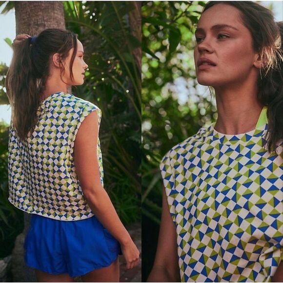 Free People Tops - Free People FP Movement Trippy Geo Blue Printed Muscle Tank Cropped Active Top S